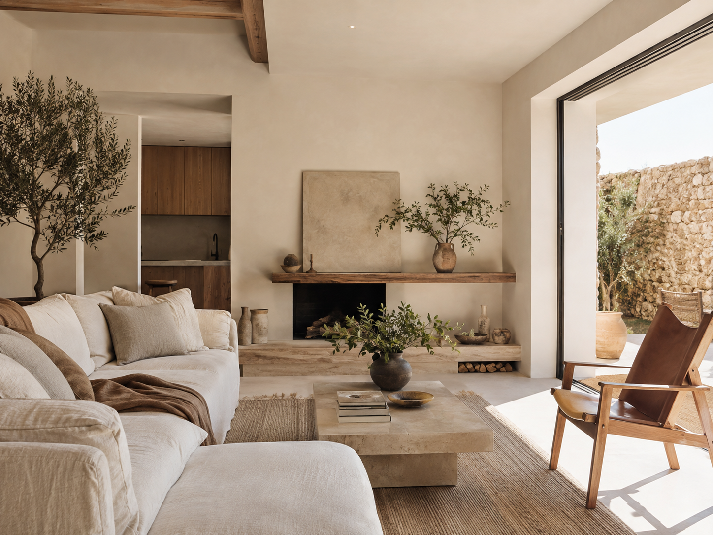 Intérieur méditerranéen élégant avec arches, matières naturelles et lumière chaude