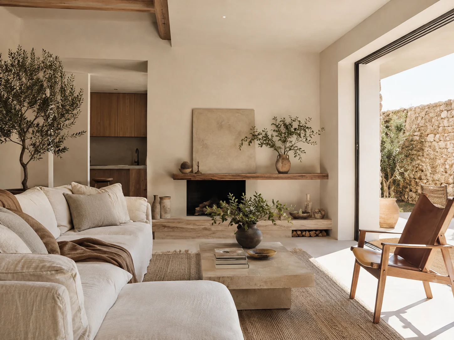 Intérieur méditerranéen élégant avec arches, matières naturelles et lumière chaude